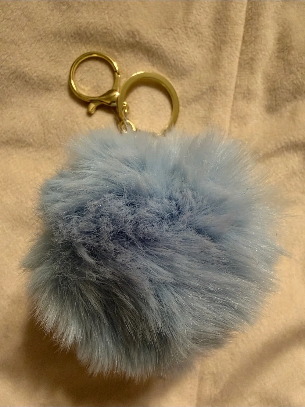 Blue Faux Fur Pom Keychain with Gold Hardware